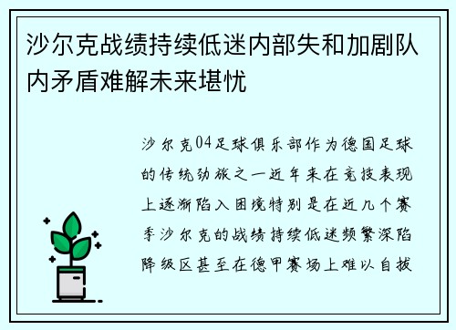沙尔克战绩持续低迷内部失和加剧队内矛盾难解未来堪忧