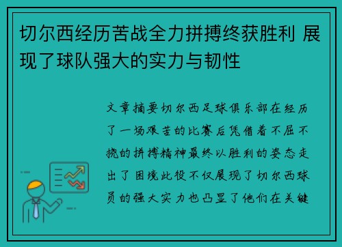 切尔西经历苦战全力拼搏终获胜利 展现了球队强大的实力与韧性