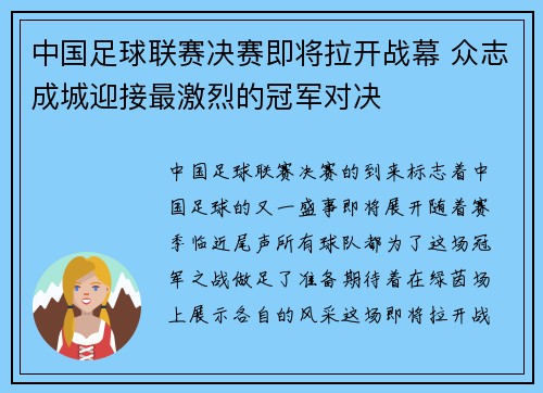 中国足球联赛决赛即将拉开战幕 众志成城迎接最激烈的冠军对决