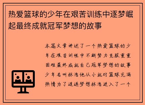 热爱篮球的少年在艰苦训练中逐梦崛起最终成就冠军梦想的故事